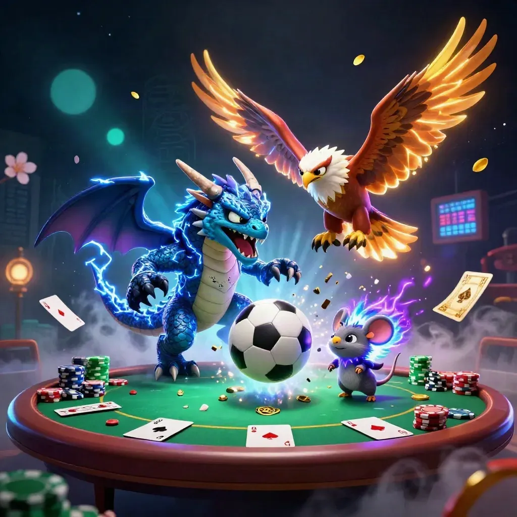 Electric fantasy sports-casino splash with dragon, hawk, mouse, soccer ball and poker chips