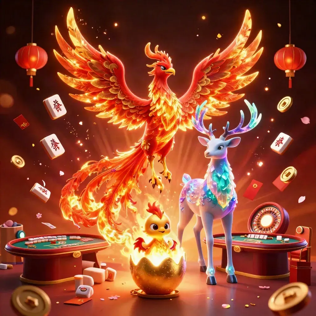 Phoenix, baby phoenix, and crystal stag amid casino glam, lanterns, tiles, coins, and ember glow.