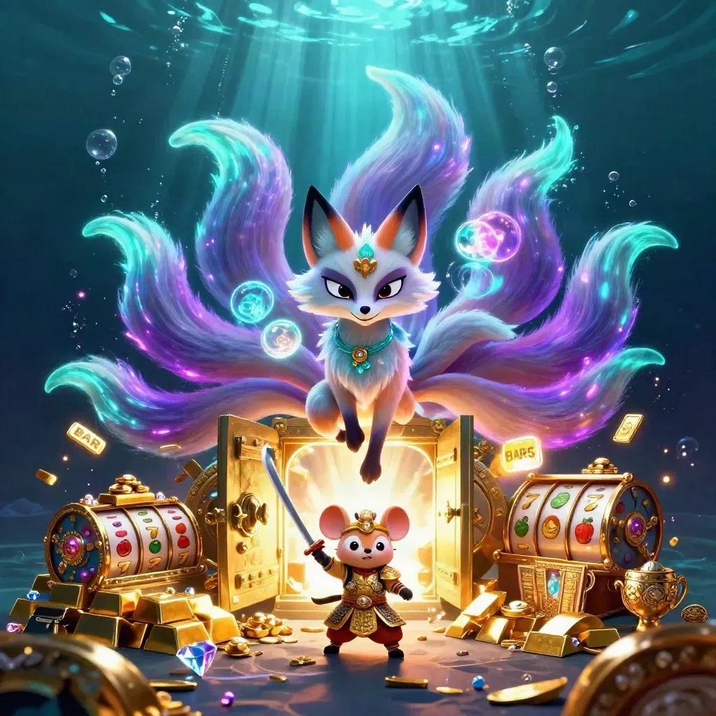 Fox spirit and samurai mouse raid a glowing treasure vault underwater amid gold, gems, reels, and bubbles.