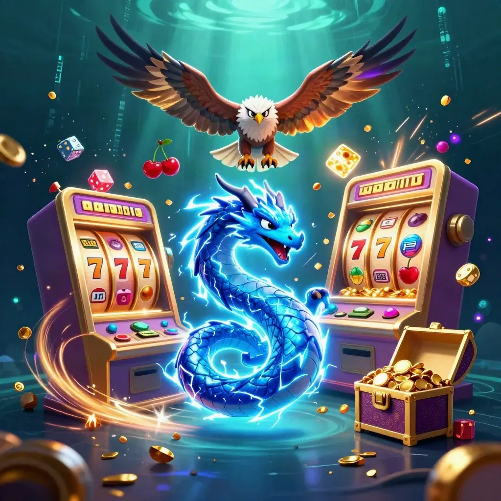 Thunder dragon, hawk and mouse amid slot reels, gold dice and jackpot sparks in neon underwater glow.