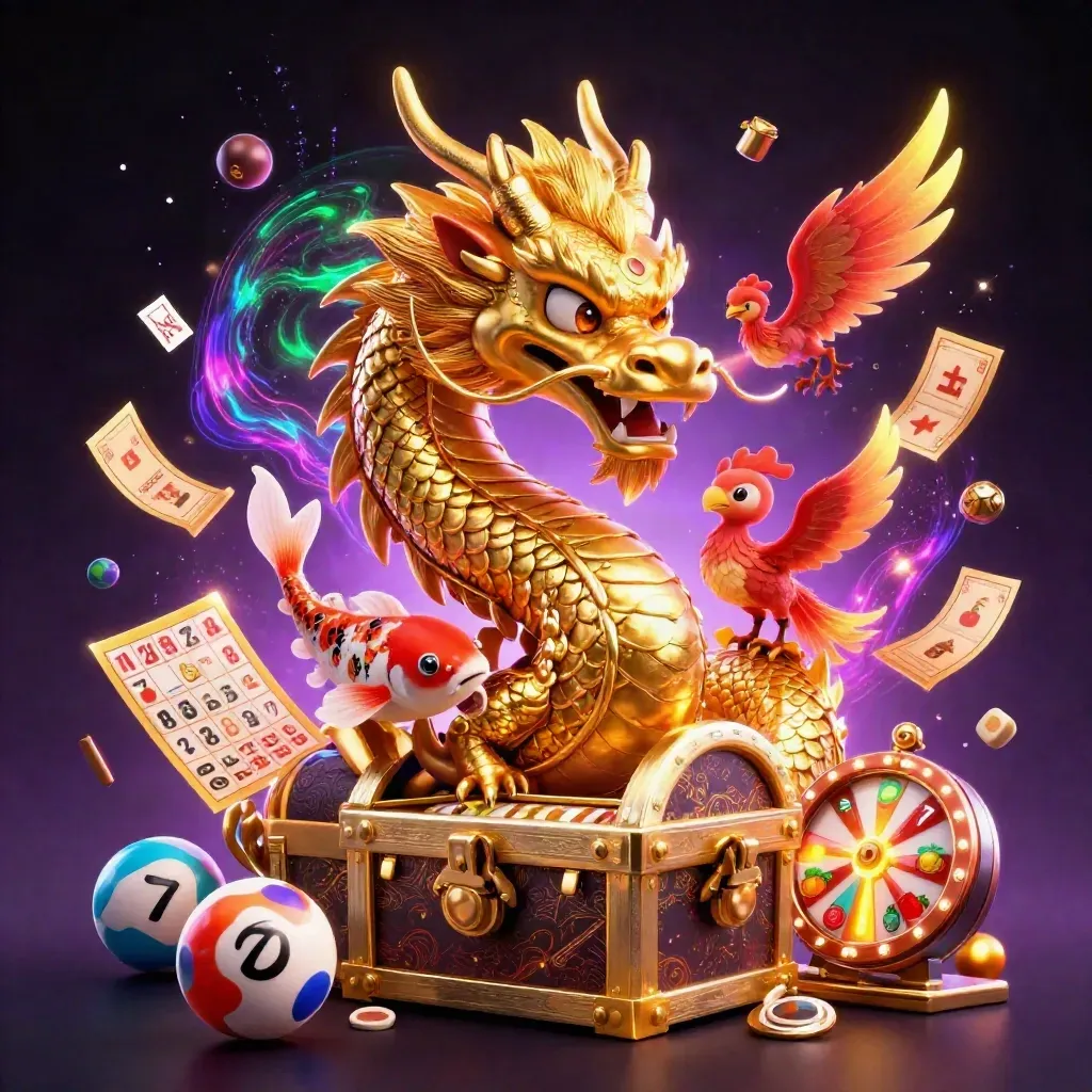 Golden dragon, baby phoenix and koi burst from a treasure chest amid neon casino effects.